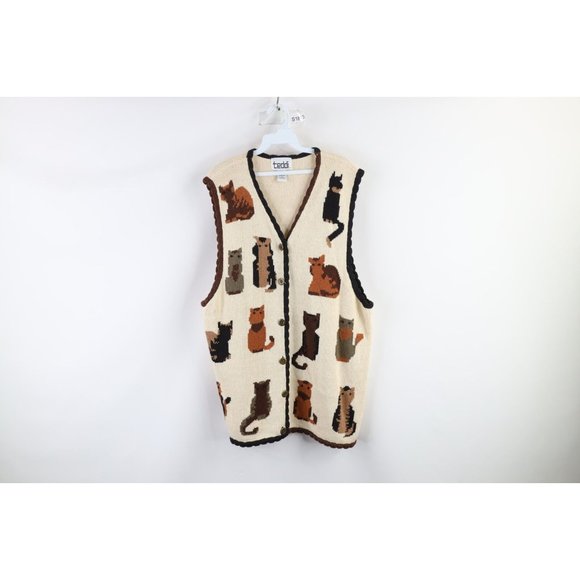 Vintage Sweaters - Vintage 90s Streetwear Womens 1X Cat Kitten Knit Button Cardigan Sweater Vest